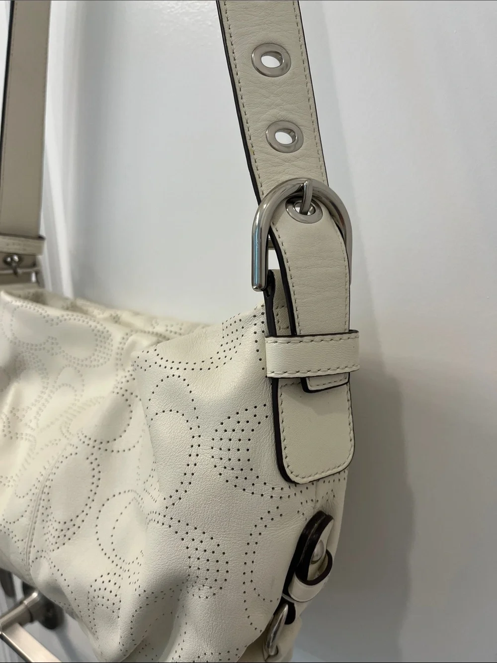 Coach Off White Perforated Signature Leather Shoulder Bag Pink Lining